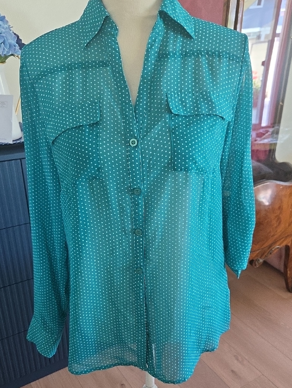 Sheer Voile 2 Pocket on Chest Blouse with Long or Roll Up Sleeves with Tab.